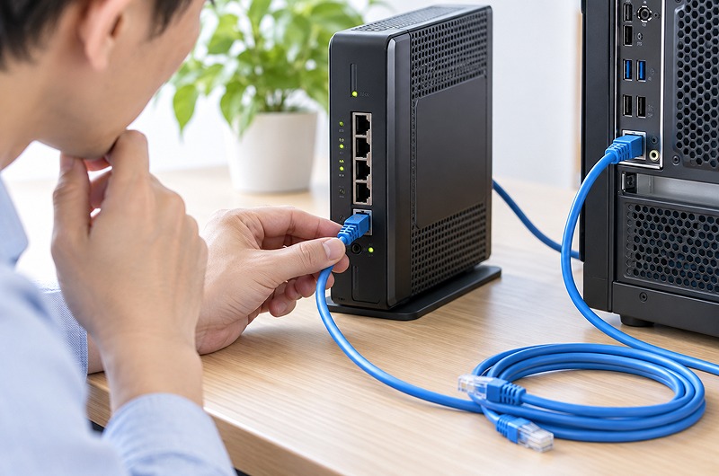 メガ・エッグ10ギガでLANケーブルとルーター・パソコンの有線接続を確認するイメージ