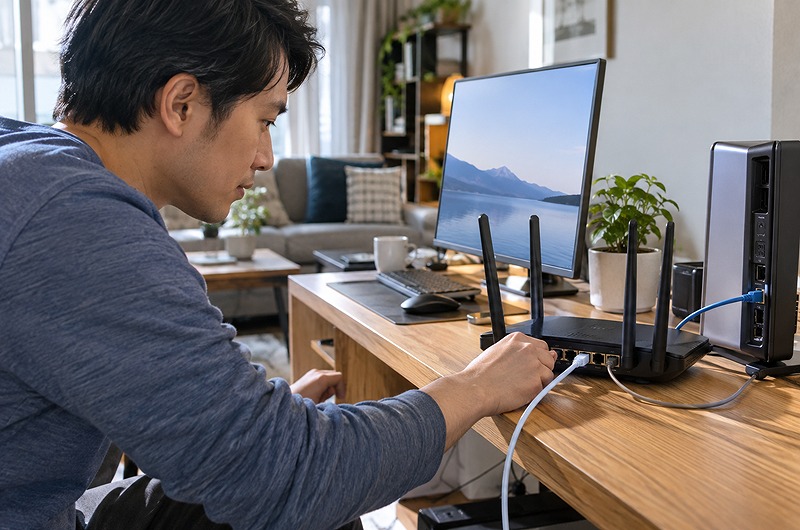 Wi-FiルーターとLANケーブルの接続環境を確認している様子