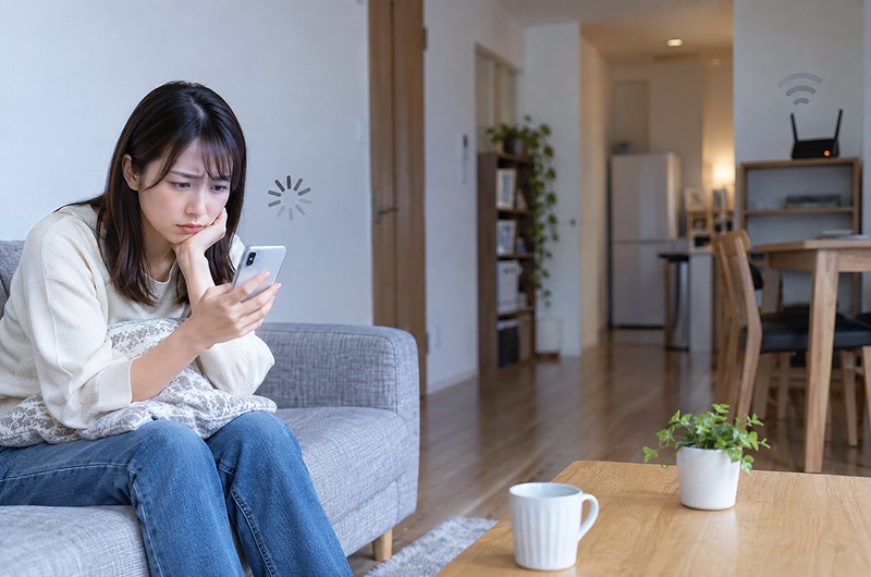 Wi-Fiルーターから離れた場所でスマホの通信が遅くなっているイメージ